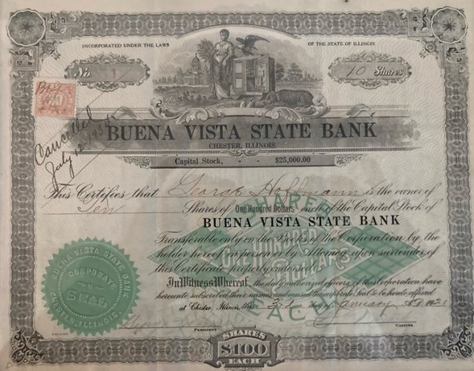 Buena Vista State Bank shares belonging to George, 1921-1934
