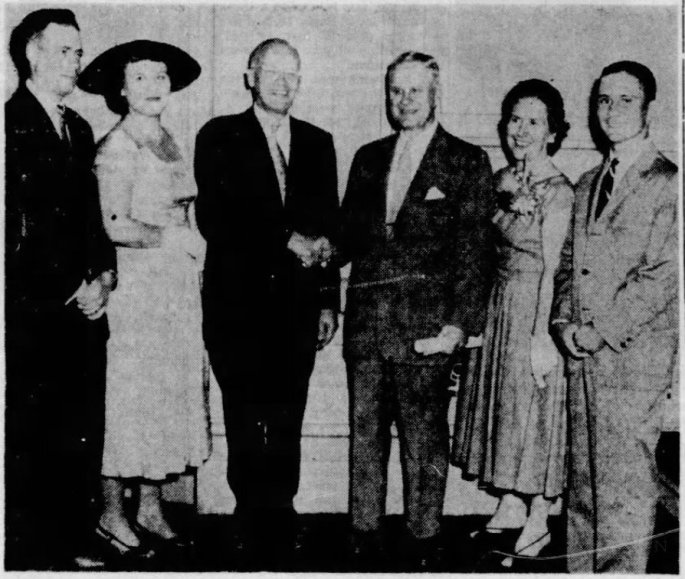 William G. Juergens is sworn in as a federal judge, June 1956. (L-R): Don Hays, Jane Hays, Judge Casper Platt, Judge William G. Juergens, Helen Juergens, William Juergens Jr. (Belleville Daily Advocate)