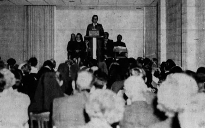 Glenn Horrell speaks during a dedication ceremony at the auditorium of the new St. Clement Hospital in Red Bud, September 1971 (Columbia Star)