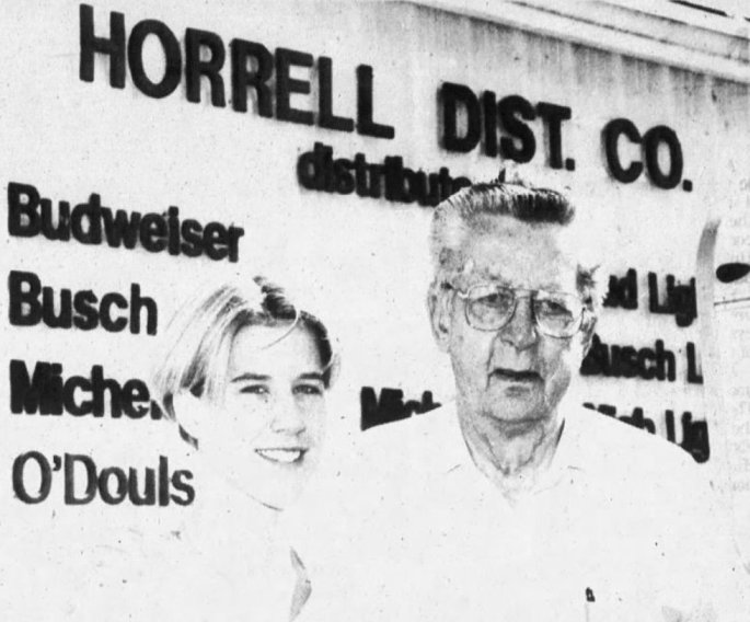 Glenn Horrell is pictured with BAC student Kathryn Hartmann, recipient of the Horrell Distributing Company Scholarship, September 1997 (Clarion Journal)