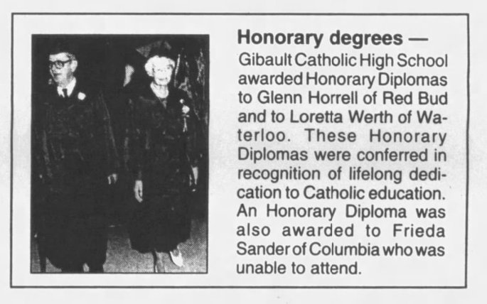 Glenn Horrell receives an honorary diploma from Gibault High School in Waterloo, June 1995 (Belleville Messenger)